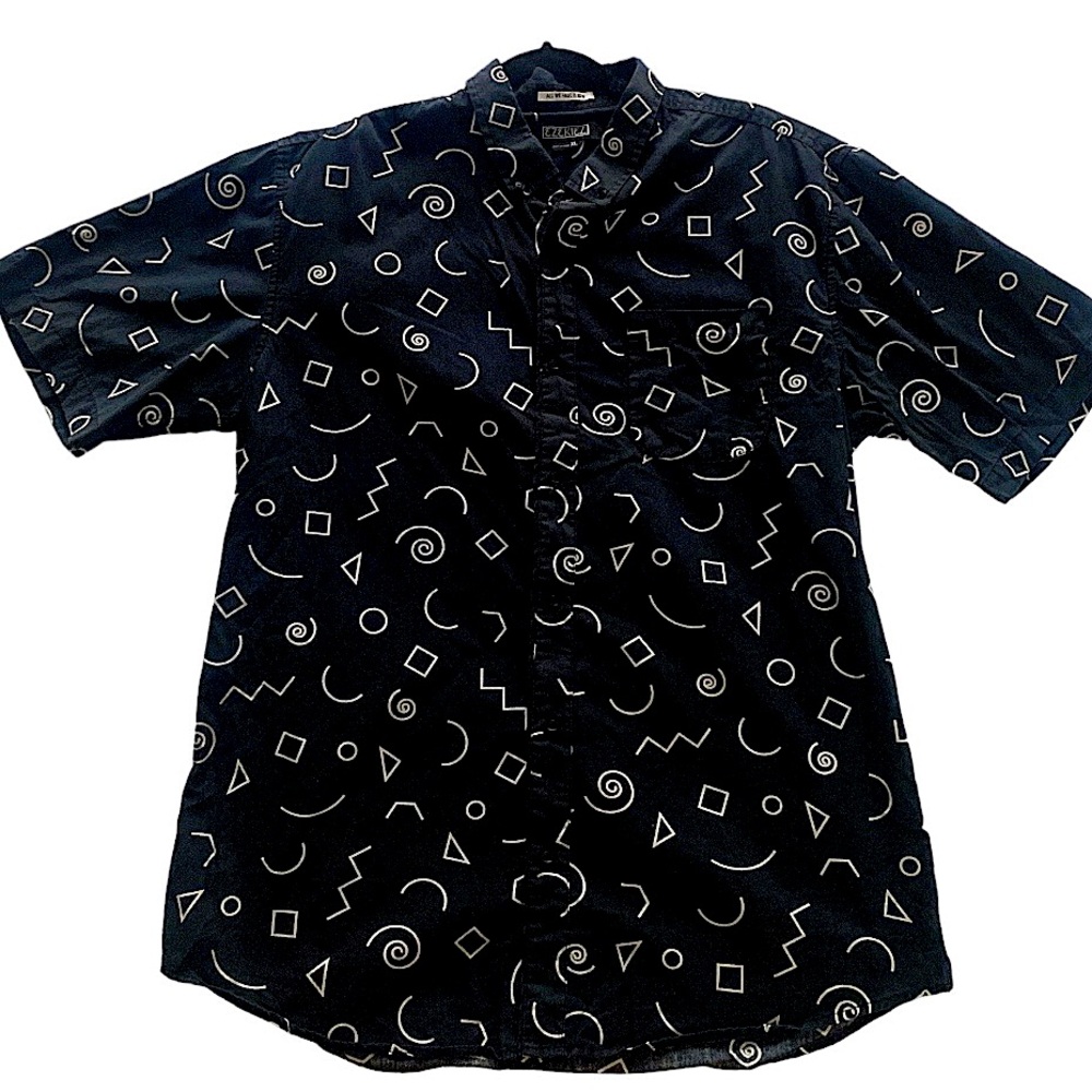 90s Geometric style doodle print retro vintage festival casual button down large